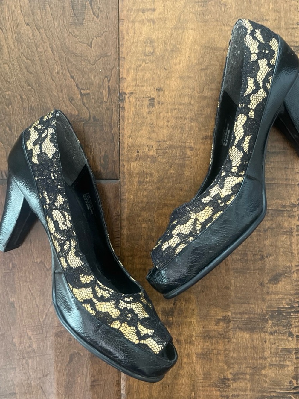 A2 by Aerosoles vintage Y2K style cocktail black lace peep-toe high heel pumps